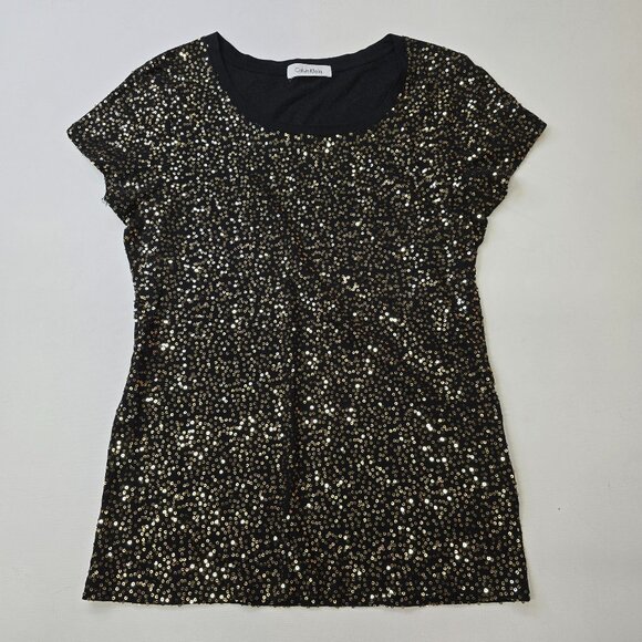 Calvin Klein Sequin Short Sleeve Black Tee Size Small - Picture 1 of 7